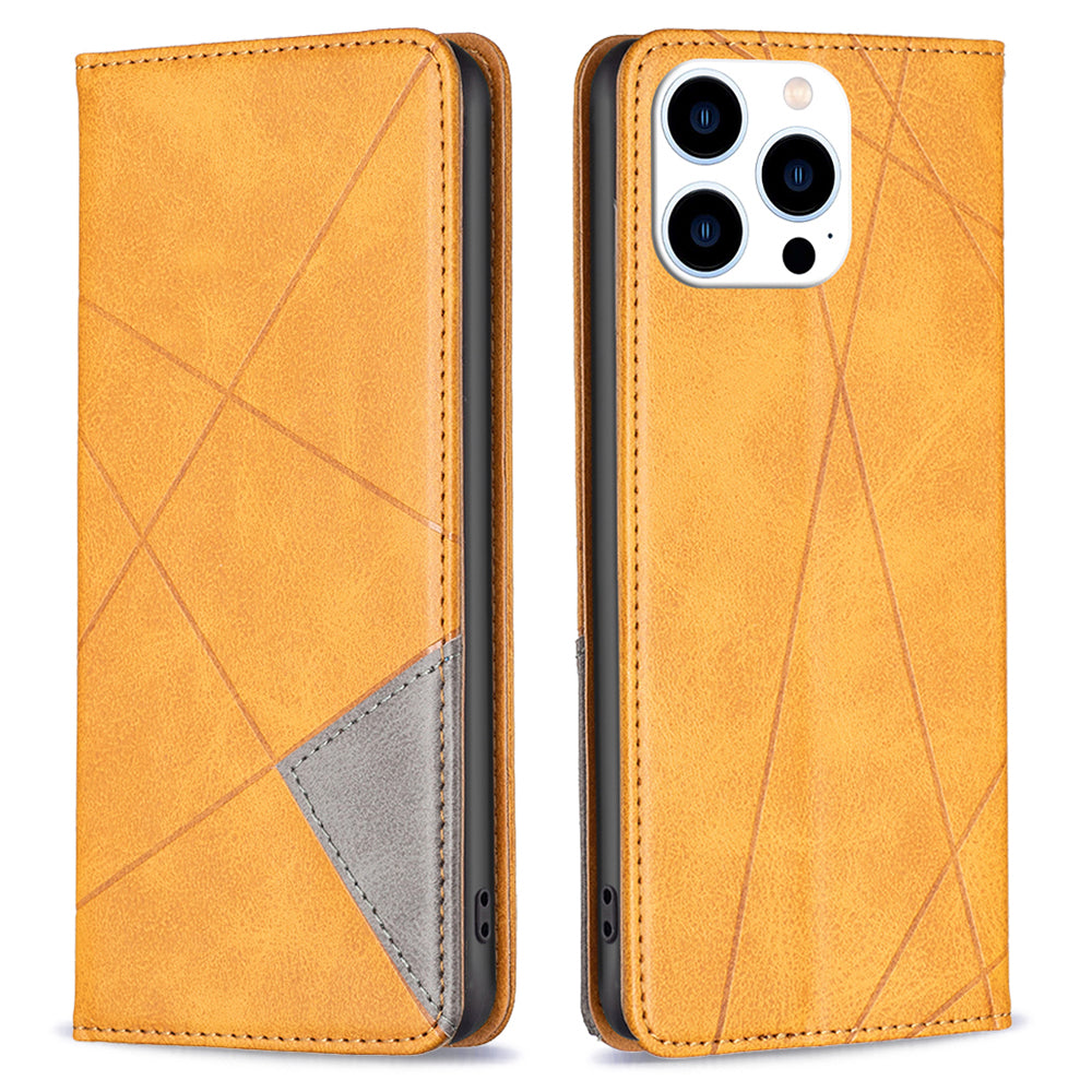 Uniqkart for iPhone 15 Pro Imprinted Line Cell Phone Case Stand Card Holder Shell Leather Phone Cover - Yellow Uniqkart for iPhone 15 Pro Imprinted Line Cell Phone Case Stand Card Holder Shell Leather Phone Cover - Yellow
